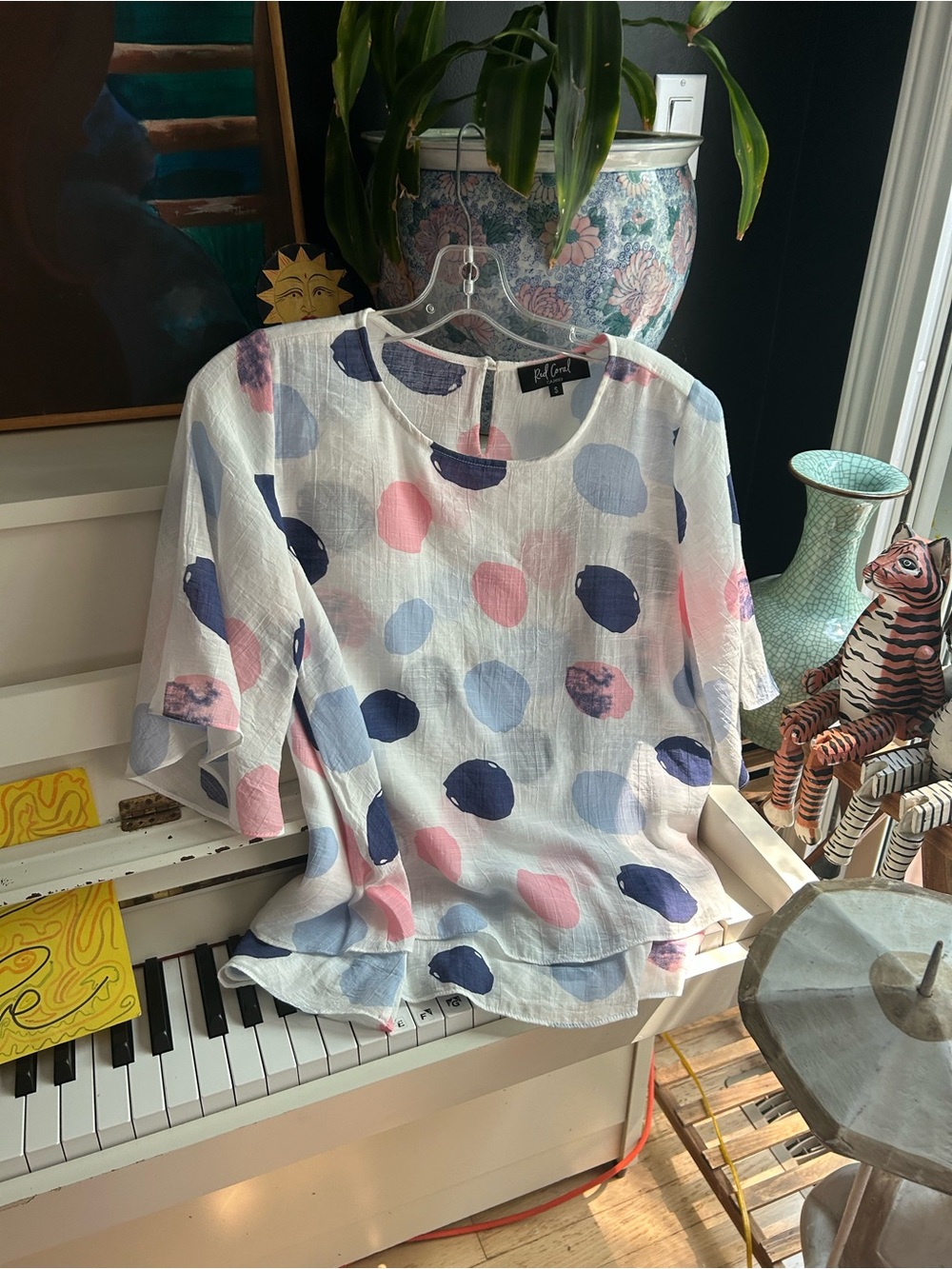 Red Coral Womens Small White Pink Blue Polka Dot Layered Blouse Boho Artsy Top - Picture 5 of 16
